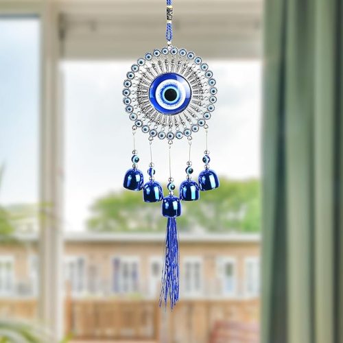 Evil eye bells wind chimes with 5 blue hanging bells for positive energy, protection and home décor