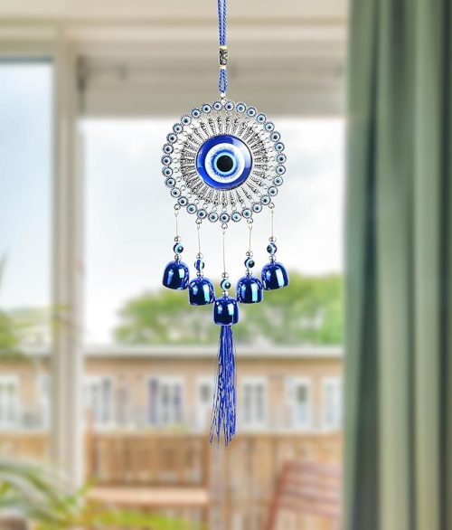 Evil eye bells wind chimes with 5 blue hanging bells for positive energy, protection and home décor