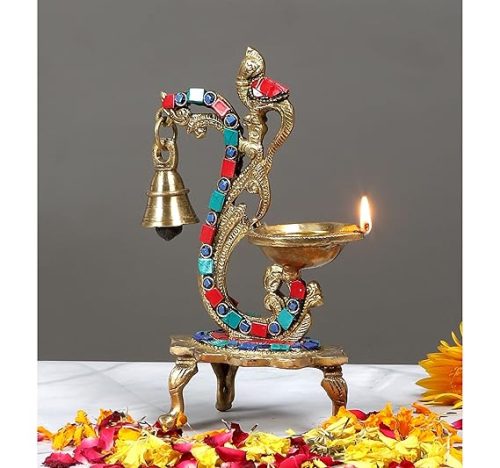 Traditional Hanging Brass Diya with Peacock Design, Gemstone Work and Bell – Antique Brass Oil Lamp for Puja