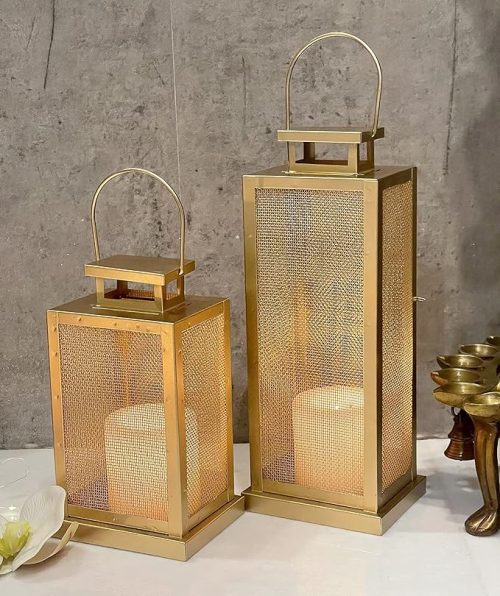 Elegant gold metal Candle Tealight Holder set with mesh design, decorative lantern style for home décor and festive lighting