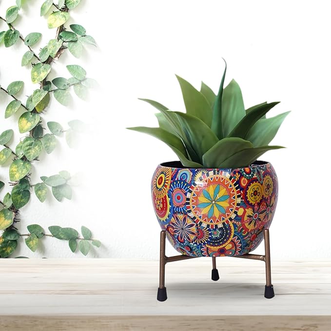 Colorful Mandala design Vase Planter Pot with green plant and sturdy iron stand, decorative indoor planter for home and garden décor.