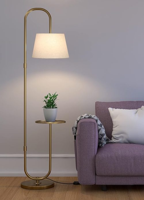 Modern Table Shelf LED Floor Lamp with brass stand, fabric lampshade