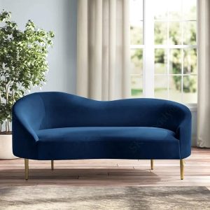 Elegant navy blue velvet Sofa Diwan Couch with curved backrest and golden legs in a modern living room