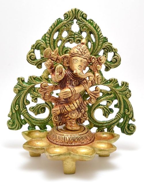 Brass Dancing Ganesha Home Decor Diya with 6 Oil Wicks – Traditional Antique Finish Decorative Brass Oil Lamp for Temple
