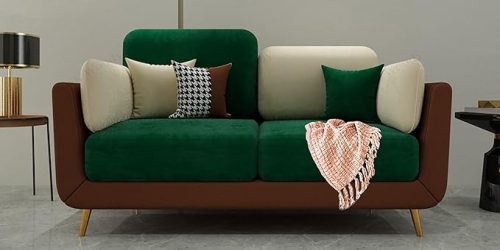 Modern dual-color Living Room Sofa with velvet finish, cushions, and wooden legs