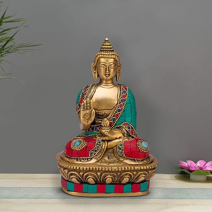 Brass Buddha Statue in multicolor antique finish – handcrafted decorative idol for home decor