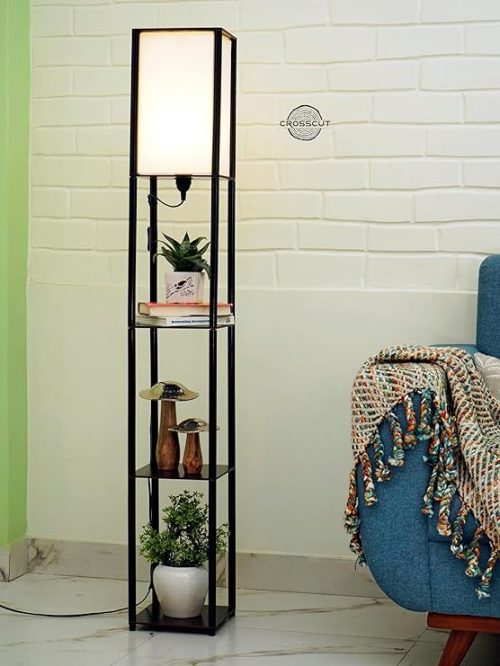 Modern tower floor lamp with built-in shelves