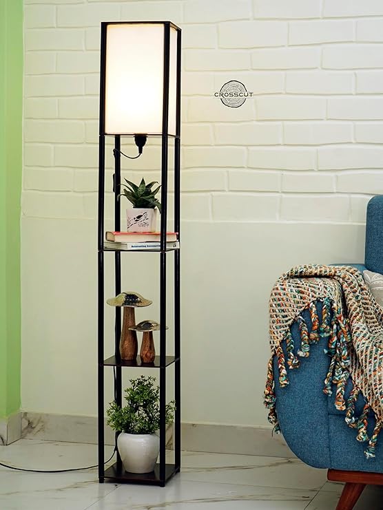Modern tower floor lamp with built-in shelves
