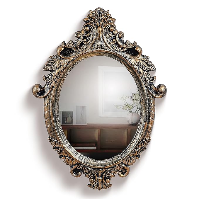 Antique oval decorative wall mirror with ornate bronze MDF frame, vintage design for home décor, bathroom, bedroom, and vanity.