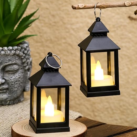 Elegant black lantern style Wall Hanging Candle holder with flameless LED light, perfect for indoor and outdoor home décor