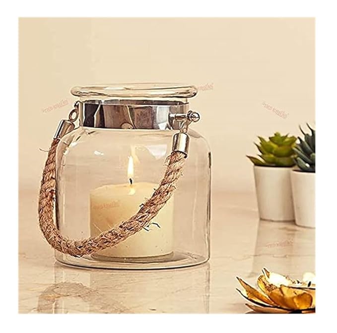 Transparent glass jar Rope Candle Holder with rustic jute rope handle and lit candle inside, decorative lantern for home and table décor
