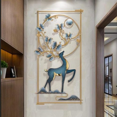 Elegant Metal Wall Decor featuring a golden deer with intricate floral design, large wall hanging art for living room, bedroom