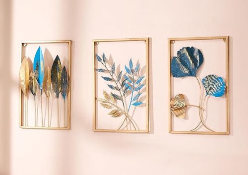 Elegant metal leaf design wall hanging decor in gold and blue, set of 3 framed art panels for living room, bedroom, and home wall decoration.