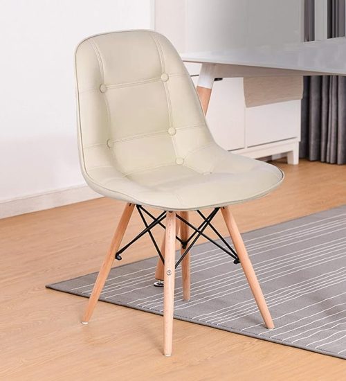 Modern beige cushioned dining chair design with wooden legs for home, office, or cafe interiors