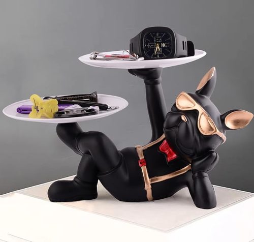 Stylish black resin dog showpiece decor with golden goggles and dual trays for home and office decoration.