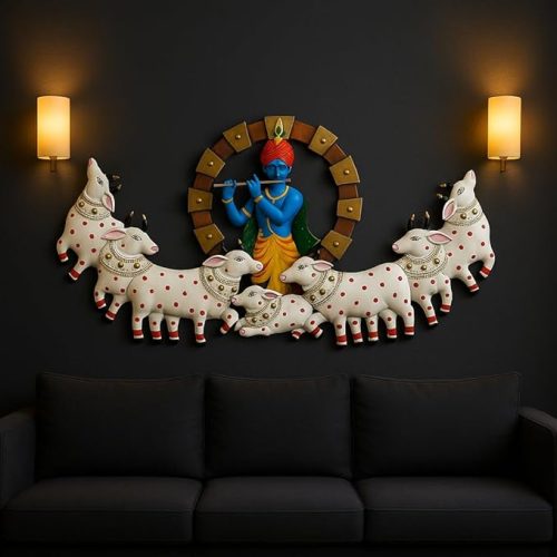 Aesthetic Room Decor – Krishna Playing Flute with Cow Metal Wall Art for Living Room and Home Decoration
