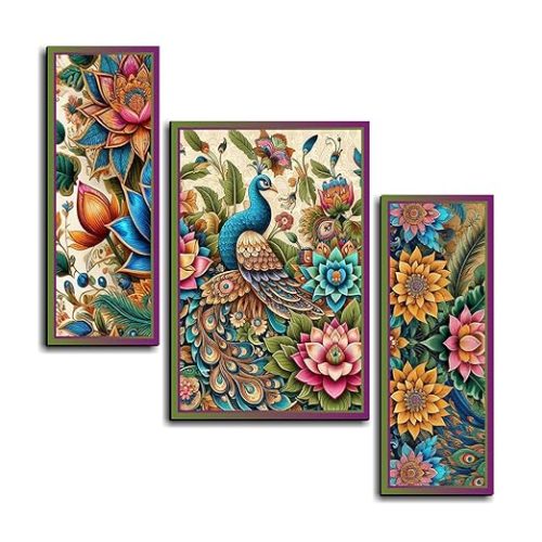 Colorful floral and peacock-themed hanging decorative items wall art set for home and office decor