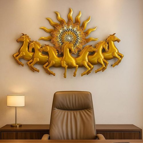 Golden Seven Horses Sunrise Wall Hanging for Home and Office Decor – Vastu Decorative Metal Wall Art
