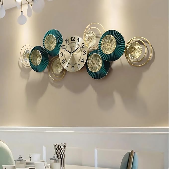 Elegant Wall Decor Clock with artistic metal design in gold and teal, perfect for living room or dining room wall decoration.
