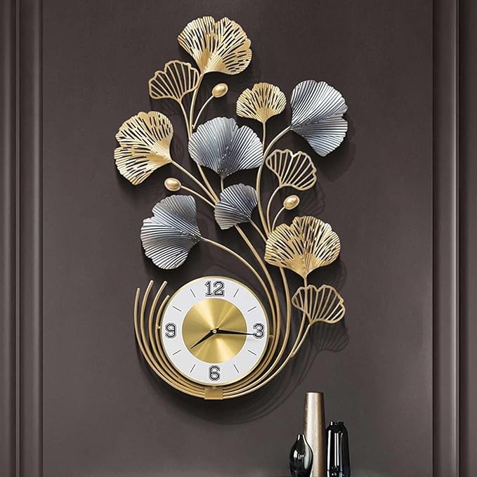 Luxury handmade wall clock with golden and silver floral metal design – stylish decorative timepiece for living room, bedroom, hall, and office décor