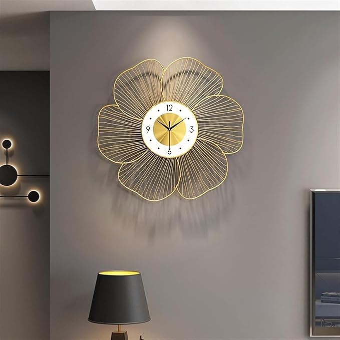 Elegant handmade flower design metal wall clock with white and gold finish, perfect for living room or bedroom wall décor.