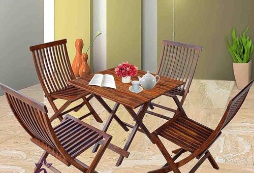 Home Furniture Wooden Patio Dining Set with Foldable Square Table and 4 Wooden Chairs – Perfect for Indoor, Outdoor, Garden, Balcony, and Terrace Use