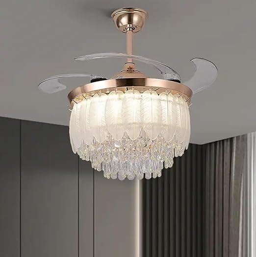 Elegant crystal ceiling fan with retractable blades and chandelier light design, perfect for modern living room décor.