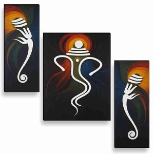 Set of three modern art paintings featuring a minimalist white outline of Lord Ganesha on a black background