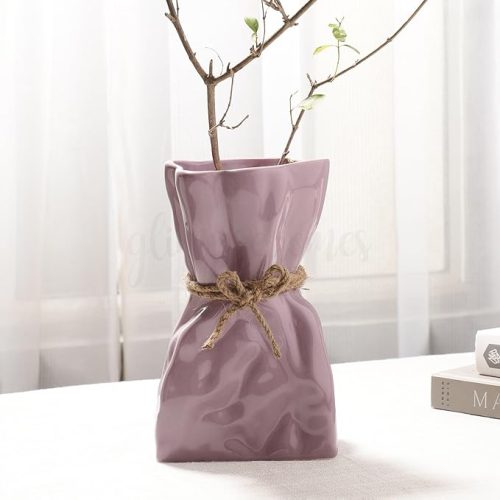 Stylish Lilac Crumpled Bag Vase with Rope Tie – Unique Decorative Ceramic Vase for Modern Home Decor