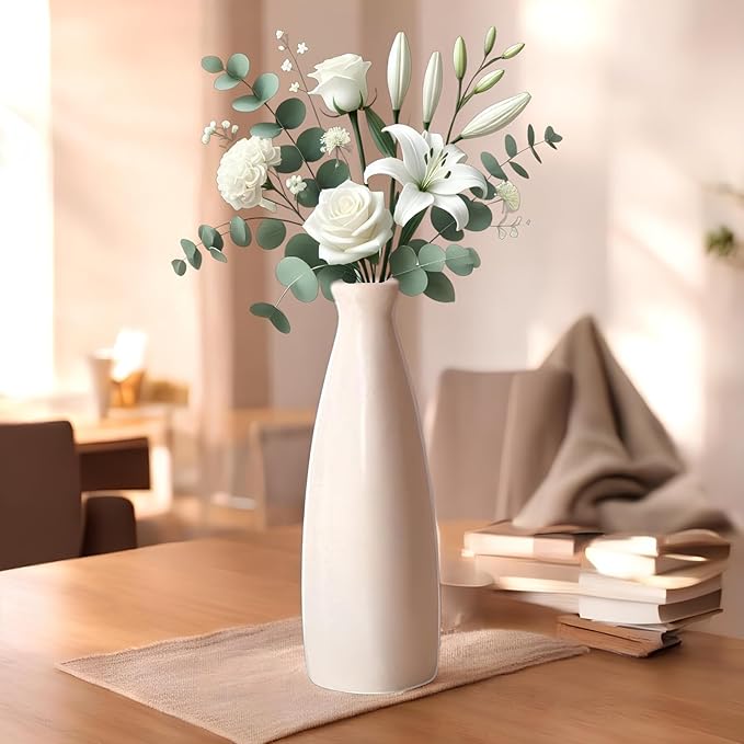 Elegant Ceramic Flower Vase with White Floral Arrangement on Wooden Table – Modern Home Decor
