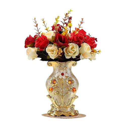 Luxury decorative vase with golden finish and embedded gemstones, adorned with red and cream artificial roses, perfect for home décor and centerpiece decoration.