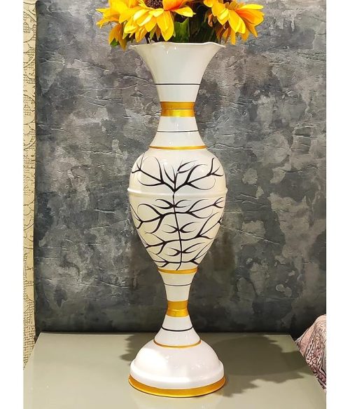Elegant white and gold ceramic vase big size with artistic tree branch design, perfect for living room, hall, and corner decoration
