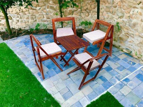 Outdoor Furniture Set – Sheesham Wooden 4-Seater Patio Dining Set with Foldable Square Table and Cushioned Chairs, perfect for balcony, garden