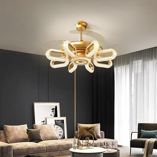 Modern gold LED Ceiling Fan with crystal light and retractable blades installed in a stylish living room interior.