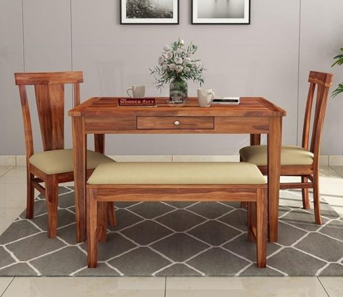 Solid Sheesham Wood Dining Table 4 Seater with 2 Chairs, 1 Bench, and Storage Drawer – Modern Honey Finish Wood Dining Table for Home, Hotel, and Office