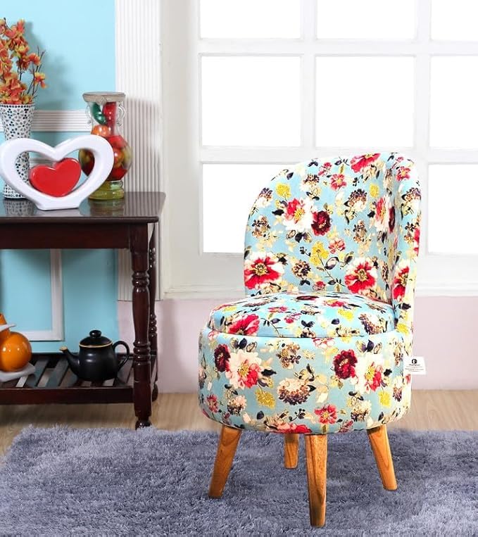 Floral fabric ottoman stool seat with wooden legs for living room
