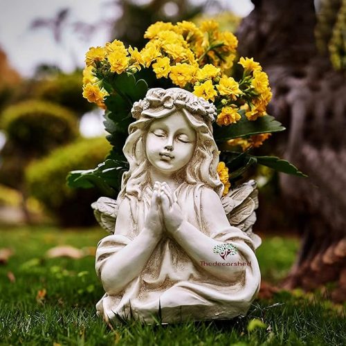 Elegant angel-shaped white polyresin door planters pots with vibrant yellow flowers – decorative outdoor planter for garden, balcony, and entrance.