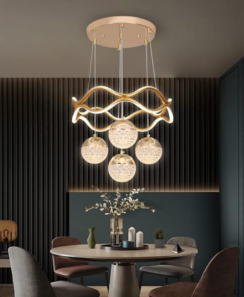 Elegant LED Chandelier Hanging with 4 Globe Lights and Modern Golden Design, Perfect for Dining Room, Living Room, and Bedroom Ceiling Décor.
