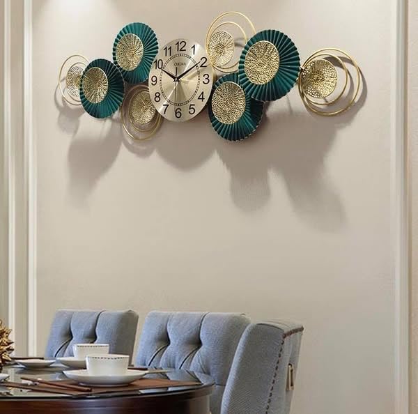 Decor Wishes ® Metal Wall Clock for Living Room Stylish Antique Big Wall Decor Clock Metal Unique Wall Clock for Bedroom (Horizontal), Analog, 30 Inch, 10 Inch, 2.Horizontal, Gold, Green - Image 3