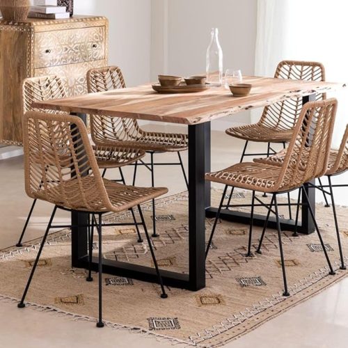 Rustic wooden dining table set with six woven chairs and black metal legs, stylish dining room furniture for modern homes