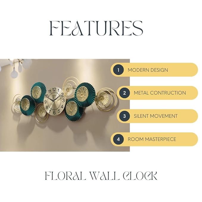 Decor Wishes ® Metal Wall Clock for Living Room Stylish Antique Big Wall Decor Clock Metal Unique Wall Clock for Bedroom (Horizontal), Analog, 30 Inch, 10 Inch, 2.Horizontal, Gold, Green - Image 4