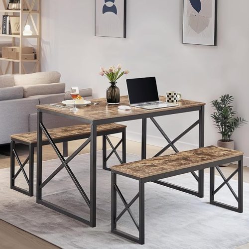 Compact wood dining room table set with two benches and black metal X-frame, perfect for small apartments and modern interiors.
