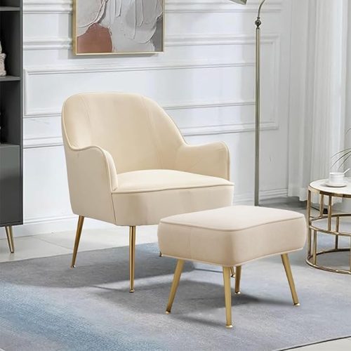 Modern beige armchair for living room with matching ottoman and golden legs