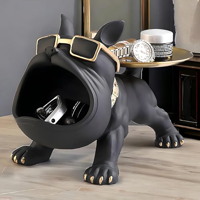 Stylish Bulldog Storage Sculpture in black resin with golden accents, featuring tray and storage space for keys, jewelry, and trinkets – modern decorative showpiece for home and office.