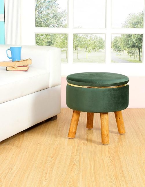 Elegant green velvet ottoman stool with wooden legs, perfect Living Room Furniture for seating or decor.