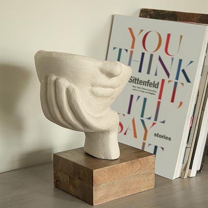 Decorative Face Showpiece with artistic hand and face design, modern tabletop sculpture on wooden base for home and office décor.