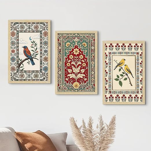Set of 3 framed Indian Folk Paintings with Madhubani inspired multicolor designs, traditional wall art for home décor, living room and office.