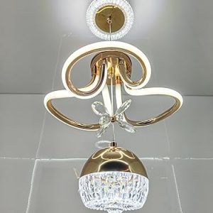 A luxurious gold and crystal ceiling fixture with curved LED light sources, designed as a statement modern pendant lamps.