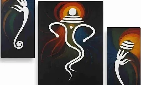 Modern Ganesha Painting – Abstract three-panel artwork of Lord Ganesha in a contemporary minimalist design with vibrant colors on a dark background.